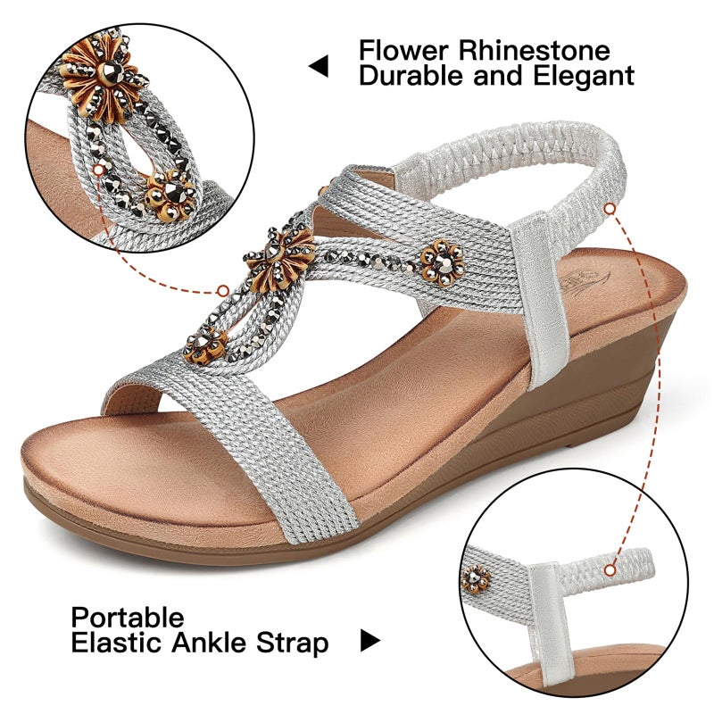SHIBEVER Womens Wedge Sandals Flower Low Heel Platform Sandals Elastic Ankle Strap Rhinestone Summer Comfortable Shoes Silver 8.5 - Image 4