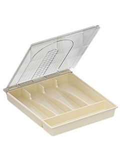 Bukela Silverware Organizer with Lid, Plastic Cutlery and Flatware Storage Box, Silverware Tray 5 Compartments Covered Utensil Tray for Drawer and Countertop Spoons Forks Knives Holder  - Image 1