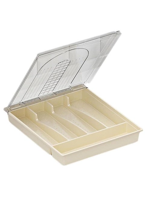 Silverware Organizer with Lid, Plastic Cutlery and Flatware Storage Box, Silverware Tray 5 Compartments Covered Utensil Tray for Drawer and Countertop Spoons Forks Knives Holder