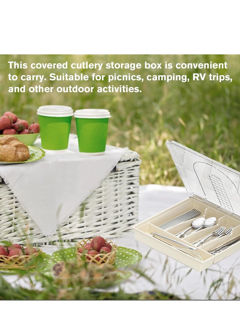 Bukela - Silverware Organizer with Lid, Plastic Cutlery and Flatware Storage Box, Silverware Tray 5 Compartments Covered Utensil Tray for Drawer and Countertop Spoons Forks Knives Holder - Image 1