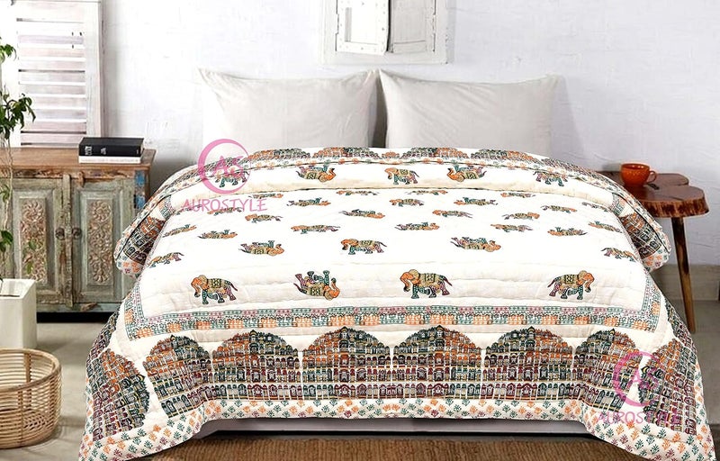 WORLDNEX Pure Cotton 400 TC Traditional Rajasthani Hand Block Printed Double Bed Jaipuri QuiltRazaiRajai Light Weight Multicolor Double Bed90 x 108 Inches Design 10 - Image 1
