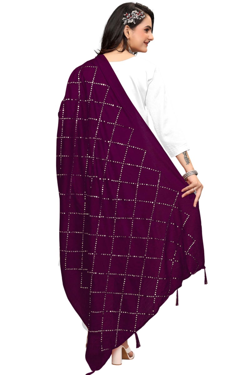 KEMZA Women's Embroidered Cotton Mirror Dupatta (Wine) in Checks Pattern - Image 1