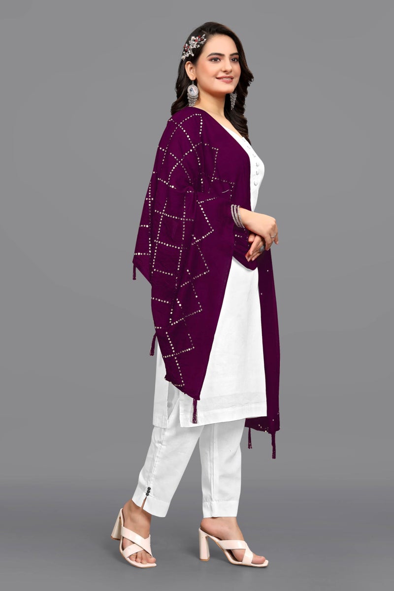 KEMZA Women's Embroidered Cotton Mirror Dupatta (Wine) in Checks Pattern - Image 3