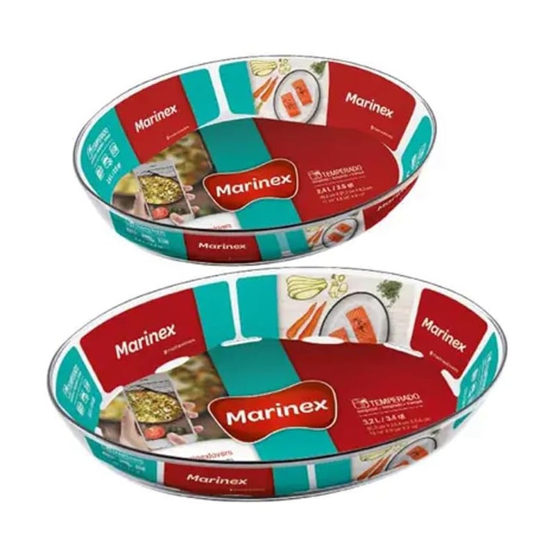 Marinex Glass 2-Piece Oval Roaster Set (3.2L + 4.0L) - Extra-Large , Oven Safe Transparent Bakeware for Lasagna, Cakes, Brownies, Roasting & Casseroles  Heat Resistant Durable Glass Dish for Home & Kitchen