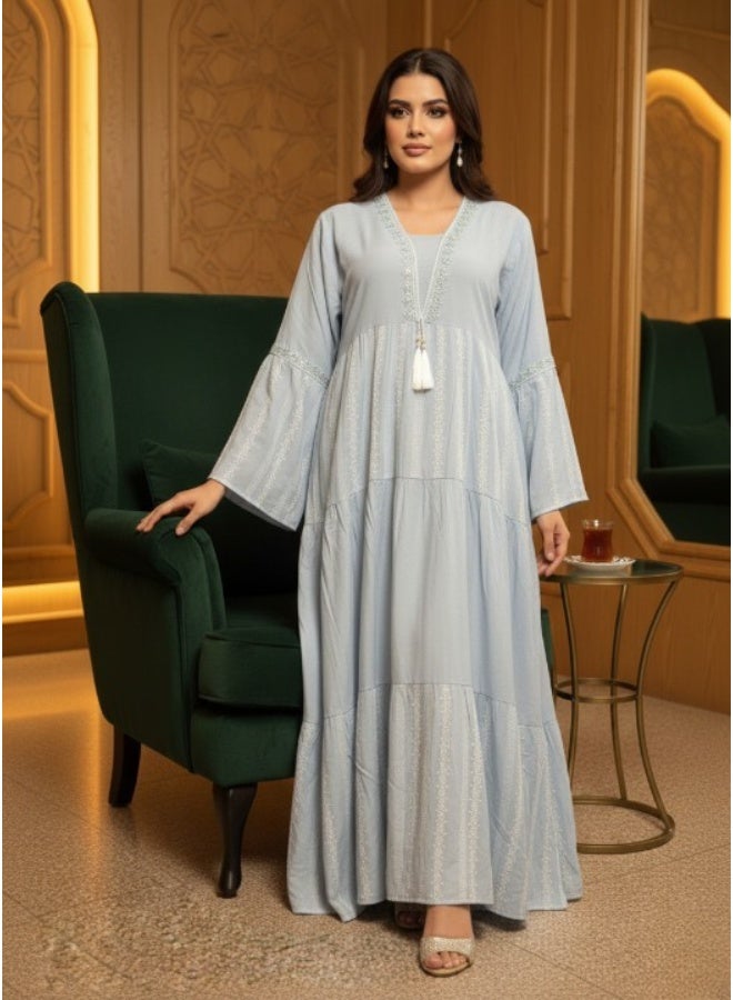 Women's embroidered linen abaya – elegant casual dress – luxurious linen fabric for everyday wear, going out, and receiving guests - Image 3