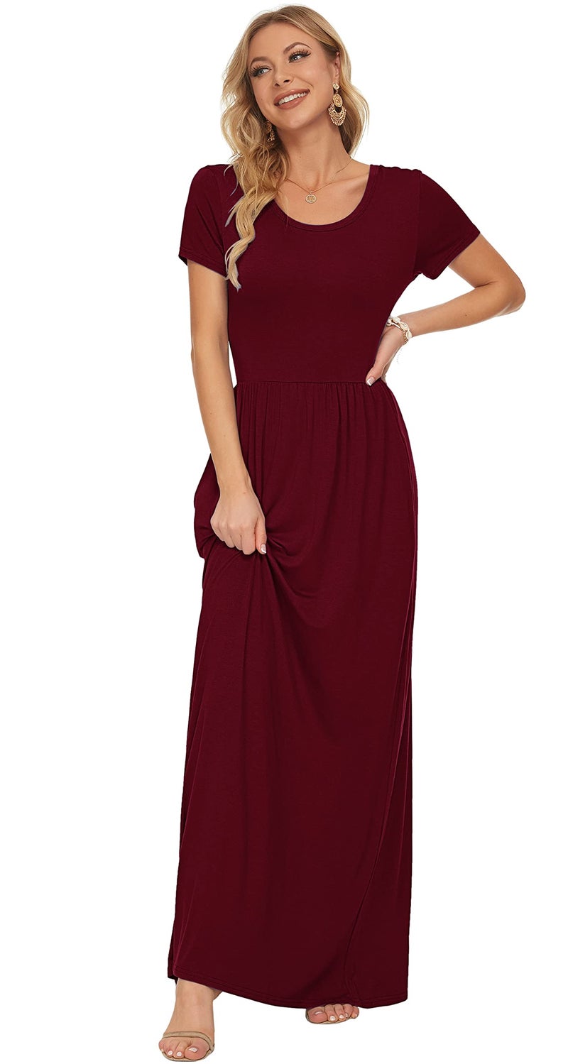 AUSELILY Women's Short Sleeve Loose Plain Casual Long Maxi Dresses for Women 2025 Wine Red 2XL - Image 2