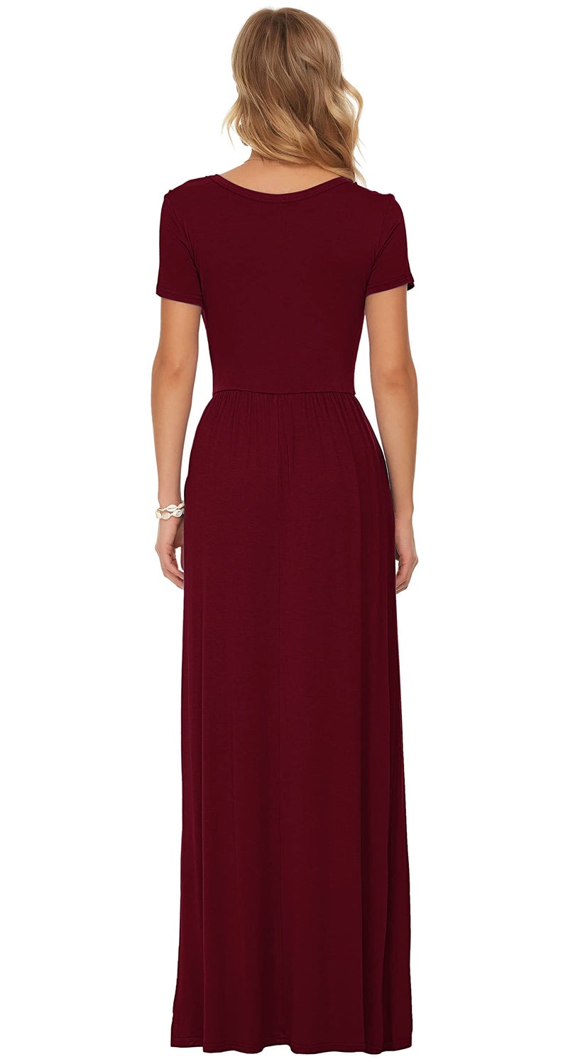 AUSELILY Women's Short Sleeve Loose Plain Casual Long Maxi Dresses for Women 2025 Wine Red 2XL - Image 3