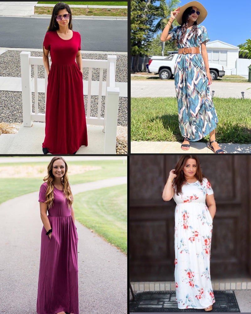 AUSELILY Women's Short Sleeve Loose Plain Casual Long Maxi Dresses for Women 2025 Wine Red 2XL - Image 5