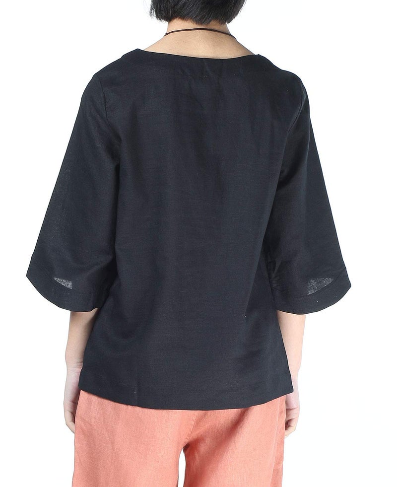 Minibee Women's Linen Blouse Round Neck 3/4 Sleeve Shirt Tops with Chinese Frog Button Black XL - Image 3