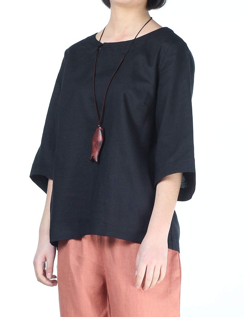 Minibee Women's Linen Blouse Round Neck 3/4 Sleeve Shirt Tops with Chinese Frog Button Black XL - Image 2