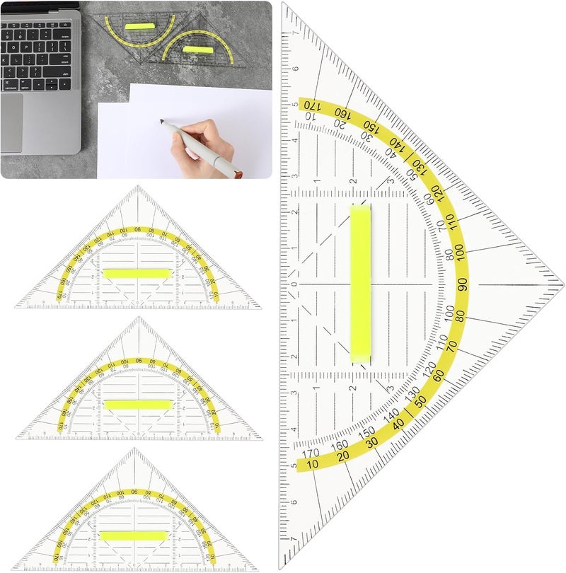 SWIUKPHE 4Pcs Multifunctional Triangle Ruler with Handle, Plastic Triangle Ruler Protractor Geometry Set Transparent Set Square Drafting Ruler for Architectors Designers Engineers Drawing Tools - Image 1