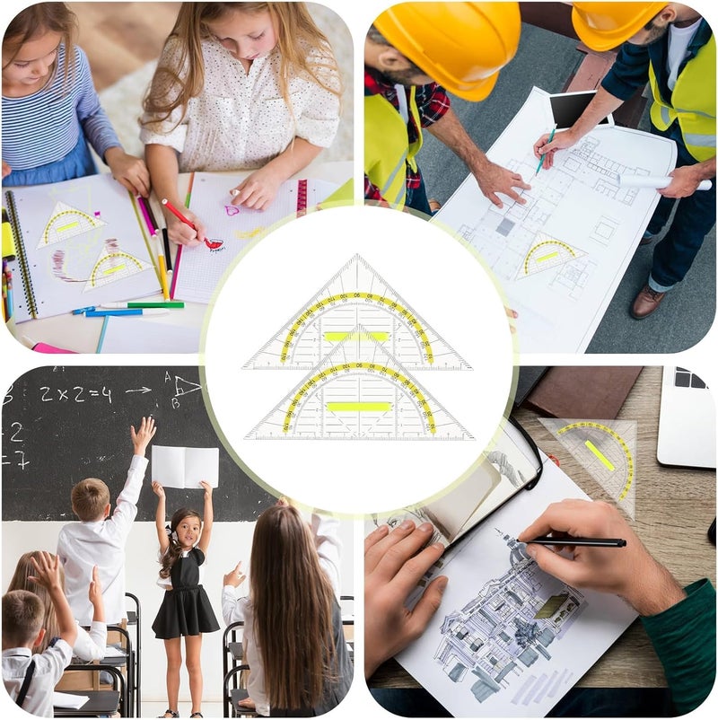 SWIUKPHE 4Pcs Multifunctional Triangle Ruler with Handle, Plastic Triangle Ruler Protractor Geometry Set Transparent Set Square Drafting Ruler for Architectors Designers Engineers Drawing Tools - Image 3