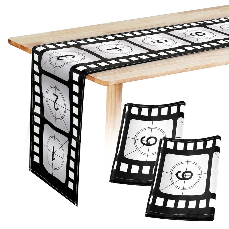 Breling 12 x 72 Inch Movie Night Table Runner Movie Theme Party Decorations Supplies Film Strip Table Runner Film Reel Tablecloth Decor for Kitchen PartyClassic Style3 Pcs