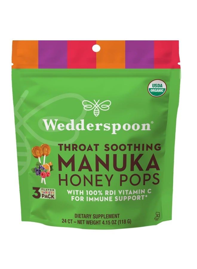 Wedderspoon Organic Manuka Honey Lollipops, Variety Pack, 24 Count (Pack of 1), Genuine Manuka Honey + Vitamin C