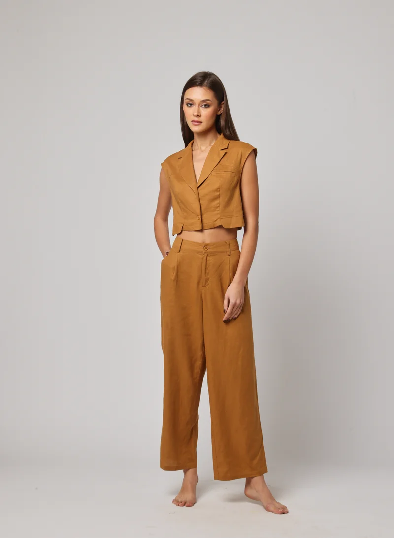 Ashita Fernandes Structured Tailored Cropped Silhouette in Premium Linen | Single-Button Closure &amp; Raw-Edge Sleeves | Power Dressing in Mustard Ochre