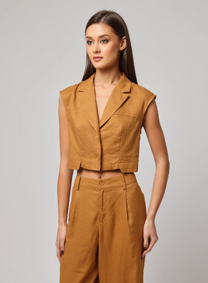 Ashita Fernandes Structured Tailored Cropped Silhouette in Premium Linen | Single-Button Closure &amp; Raw-Edge Sleeves | Power Dressing in Mustard Ochre
