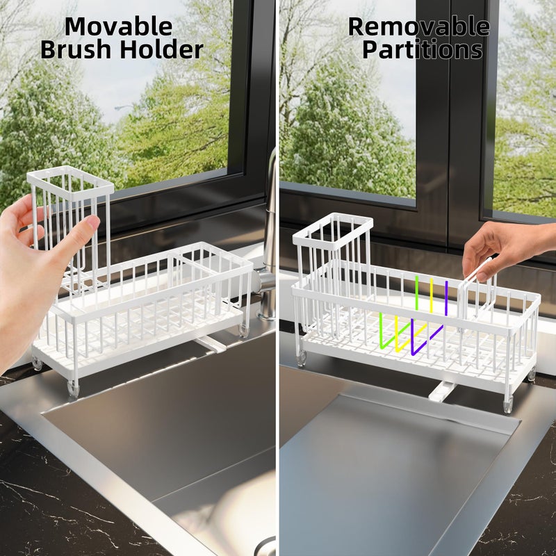 Moforoco Extra Large Kitchen Sink Caddy, Rustproof Sponge Holder with High Brush Holder, Stainless Steel White Kitchen Caddy Sink Countertop Organizer, Sponge Caddy for Kitchen Sink - Image 4