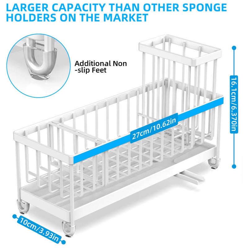 Moforoco Extra Large Kitchen Sink Caddy, Rustproof Sponge Holder with High Brush Holder, Stainless Steel White Kitchen Caddy Sink Countertop Organizer, Sponge Caddy for Kitchen Sink - Image 3