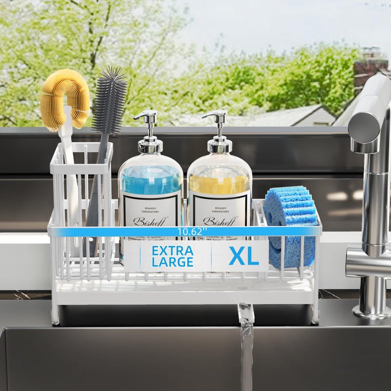 Moforoco Extra Large Kitchen Sink Caddy, Rustproof Sponge Holder with High Brush Holder, Stainless Steel White Kitchen Caddy Sink Countertop Organizer, Sponge Caddy for Kitchen Sink - Image 1