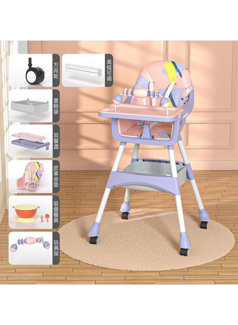 umbrella Umbrella 3-in-1 Convertible High Chair with Adjustable Height and Footrest, Toddler Feeding Booster Seat with Tray, Wheels, Seat Belt and Pillow 6 Months to 4 Years (pink)  - Image 2