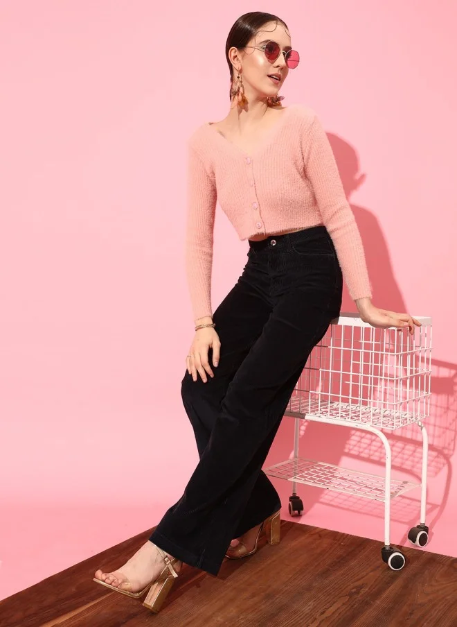 STREET 9 Peach Ribbed Crop Cardigan for Women