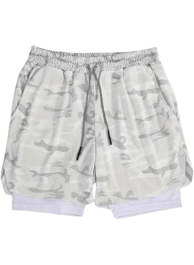 VITION Gym Shorts for Men, Men's Activewear Running Shorts,Drawstring Gym Shorts Men, 2 Layer Loose Athletic Shorts with 4 Pockets (Large, White Camouflage) - Image 1