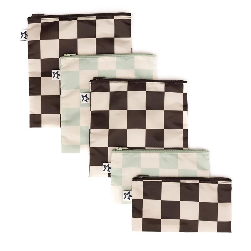 Tiny Twinkle 5 Pack Reusable Snack Bags - Machine Washable, PFAS, PVC, BPA, Phthalate-Free Reusable Baby and Toddler Food Safe Snack Bags (Checkers Black Green) - Image 1