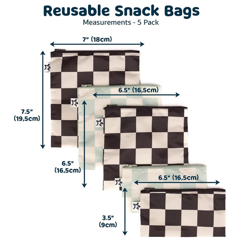 Tiny Twinkle 5 Pack Reusable Snack Bags - Machine Washable, PFAS, PVC, BPA, Phthalate-Free Reusable Baby and Toddler Food Safe Snack Bags (Checkers Black Green) - Image 4