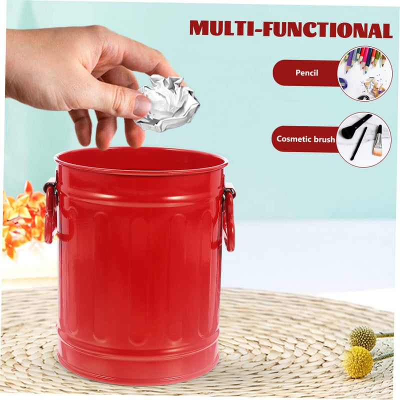 Creative Iron Trash Can Multi Functional Desktop Waste Container For Makeup Brushes And Pens Red - Image 3