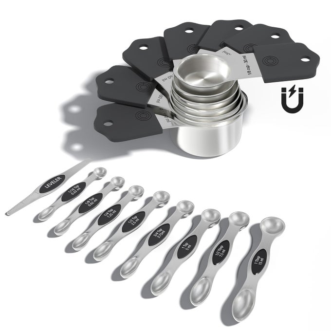 MAGNETIC MEASURING CUPS SPOONS SET HEAVY DUTY 304 STAINLESS STEEL DOUBLE MEASUREMENT MARKINGS STRONG N52 MAGNET SET OF 16 WITH LEVELER FOR MEASURE DRY LIQUID INGREDIENT DISHWASHER SAFE BLACK
