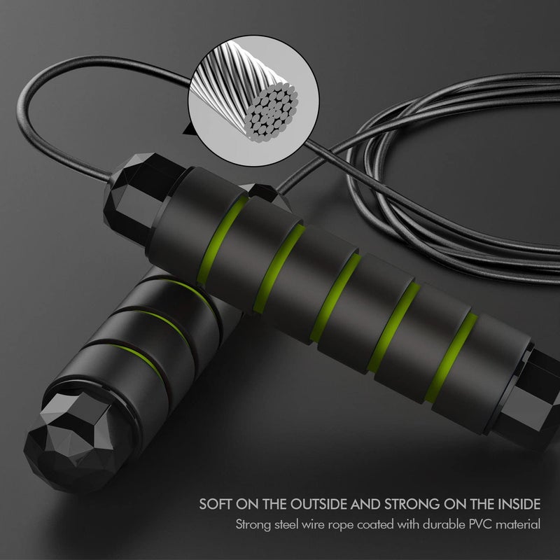 Loocio Jump Rope, Tangle-Free Rapid Speed Jumping Rope Cable with Ball Bearings for Women, Men, and Kids, Adjustable Steel Jump Rope Workout with Foam Handles for Fitness,1 Pck,Green - Image 3