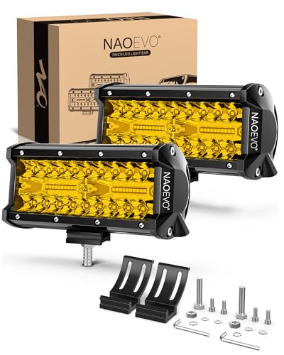 NAOEVO 7 Inch Yellow LED Light Bar 240W 24000LM LED PodsOff RoadFogDriving Lights with Spot Flood Combo for Truck Boat UTV ATV 2Pack Yellow