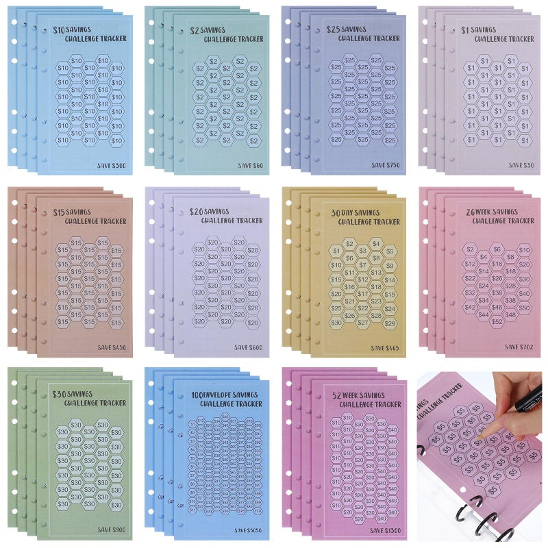 Matwsec 48 Sheets 100 Envelopes Money Saving Challenge Binder Trackers, 6 Ring A6 Binder Savings Challenge Trackers Cards, Reusable Budget Planner Cards, Multiple Budget Sheets for Cash Stuffing - Image 1