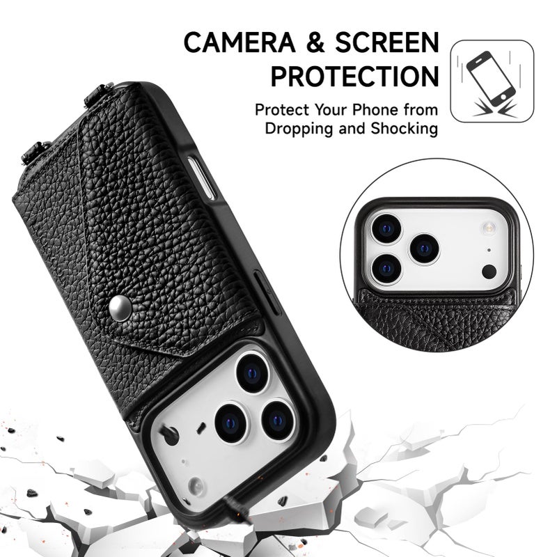 LUCKYCOIN Crossbody Wallet Phone Case for iPhone 17 Pro, Genuine Phone Case with Expandable Wallet Card Holder & Adjustable Removable Crossbody Strap, Phone Purse with Card Slot - Pebble Black - Image 2