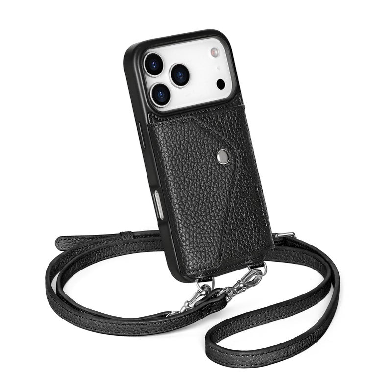 LUCKYCOIN Crossbody Wallet Phone Case for iPhone 17 Pro, Genuine Phone Case with Expandable Wallet Card Holder & Adjustable Removable Crossbody Strap, Phone Purse with Card Slot - Pebble Black - Image 1