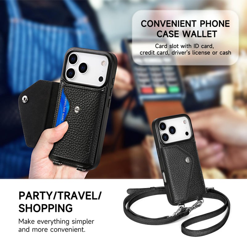 LUCKYCOIN Crossbody Wallet Phone Case for iPhone 17 Pro, Genuine Phone Case with Expandable Wallet Card Holder & Adjustable Removable Crossbody Strap, Phone Purse with Card Slot - Pebble Black - Image 4