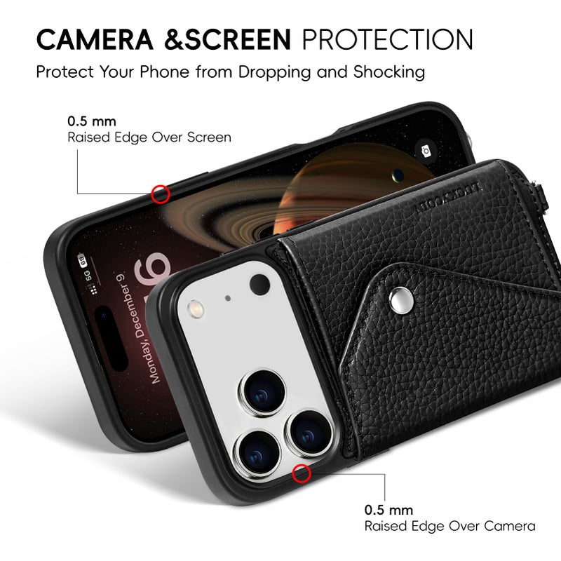 LUCKYCOIN Crossbody Wallet Phone Case for iPhone 17 Pro, Genuine Phone Case with Expandable Wallet Card Holder & Adjustable Removable Crossbody Strap, Phone Purse with Card Slot - Pebble Black - Image 3