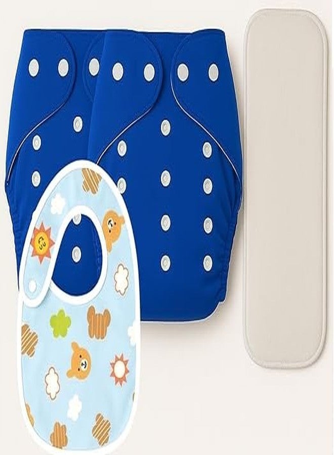 Kritiu Reusable Baby Cloth Diapers (0-3 Years) Pack of 2 with 1 Inserts And 1 Bib | Leak-Proof & Adjustable | Washable Up to 300 Times | Waterproof, BPA-Free, Eco-Friendly, Anti Bacterial, Rashes Free Diapers for Babies & Toddlers (3-17 kg) (BLUE) - Image 1