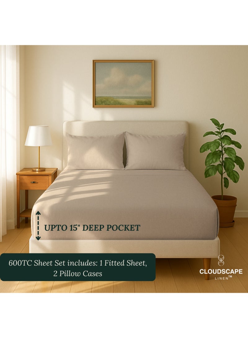 كلاود سكيب لينين Cloud Scape Linen 600 Thread Count Egyptian Cotton Sheet Set( King, Taupe) - Image 3