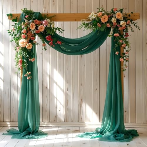 PARTISKY Wedding Arch Draping Fabric 28" x19FT, Sheer Chiffon Fabric Backdrop,1 Panel Emerald Green Drapes for Wedding Ceremony Decor, Decorative Arch Drapery for Birthday Party Ceiling Curtain Backdrop - Image 1