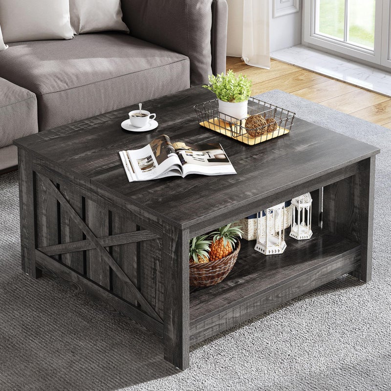 YITAHOME Coffee Tables Farmhouse Coffee Table with Storage Rustic Wood Cocktail TableSquare Coffee Table for Living Meeting Room with Half Open Storage CompartmentDark Rustic Oak