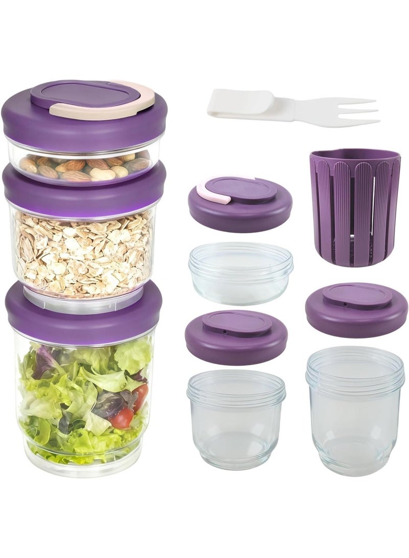 عربست طقم أكواب سلطة (3 قطع) مع أغطية - حاويات طعام مانعة للتسرب وخالية من مادة BPA للسلطة والفواكه - تصميم مزدوج الطبقات مع ملعقة-شوكة (160 مل + 420 مل + 600 مل) - آمنة للاستخدام في الميكروويف وغسالة الأطباق. - Image 1