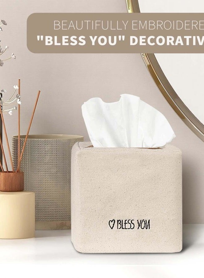 Livelab Tissue Box Cover Square, Chic Ivory Canvas Tissue Box Holder with Embroidery Text Decor, Stylish Tissue Case Facial Paper Cube Cover for Your Home, Officce and Bathroom - Image 3