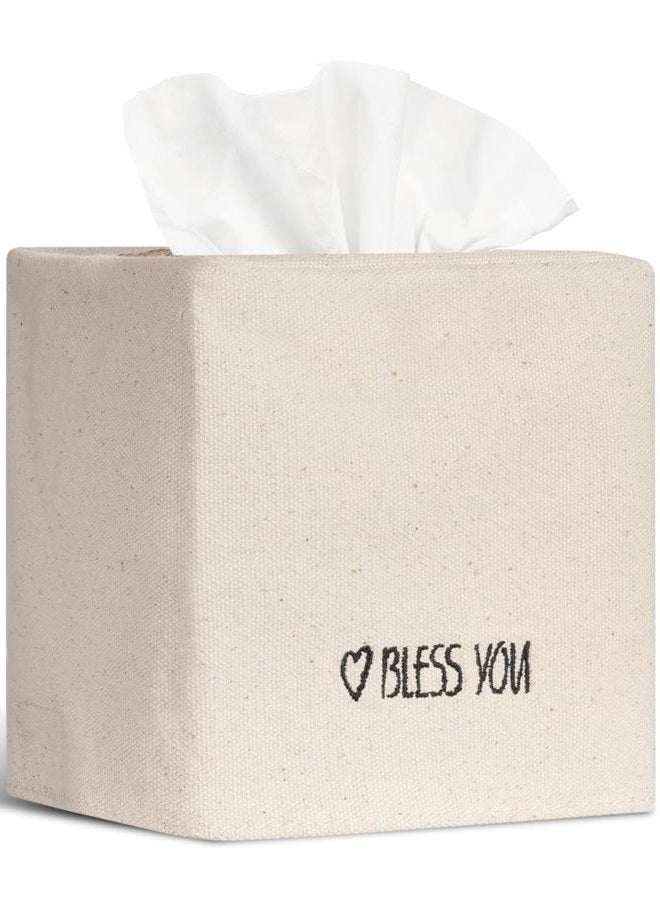Livelab Tissue Box Cover Square, Chic Ivory Canvas Tissue Box Holder with Embroidery Text Decor, Stylish Tissue Case Facial Paper Cube Cover for Your Home, Officce and Bathroom - Image 1