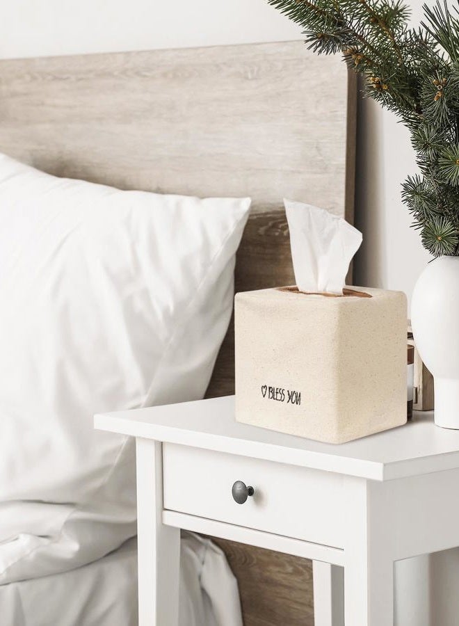 Livelab Tissue Box Cover Square, Chic Ivory Canvas Tissue Box Holder with Embroidery Text Decor, Stylish Tissue Case Facial Paper Cube Cover for Your Home, Officce and Bathroom - Image 4