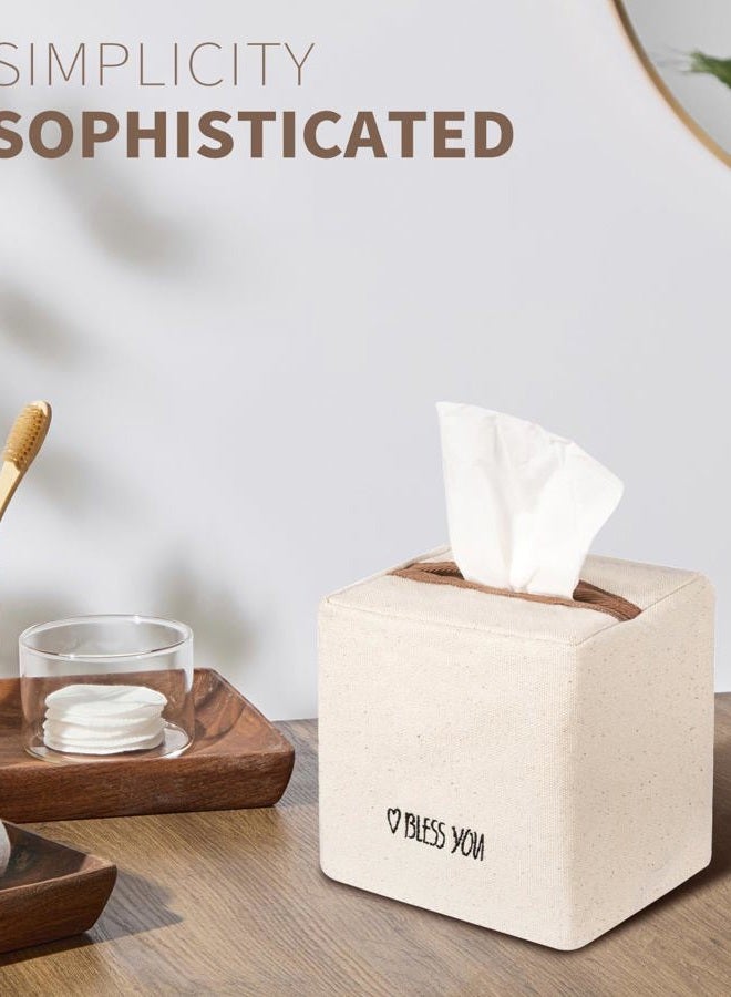 Livelab Tissue Box Cover Square, Chic Ivory Canvas Tissue Box Holder with Embroidery Text Decor, Stylish Tissue Case Facial Paper Cube Cover for Your Home, Officce and Bathroom - Image 2