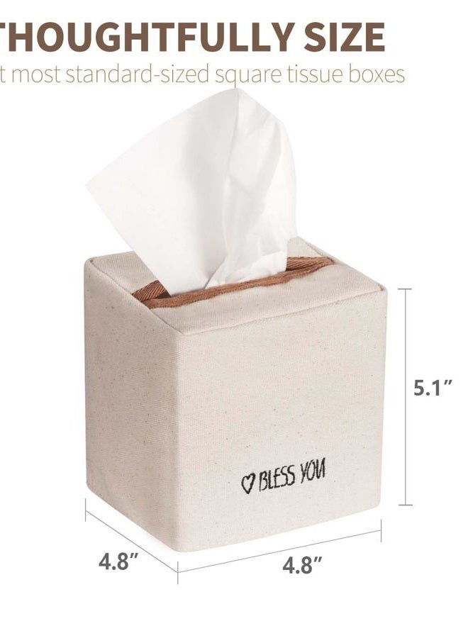 Livelab Tissue Box Cover Square, Chic Ivory Canvas Tissue Box Holder with Embroidery Text Decor, Stylish Tissue Case Facial Paper Cube Cover for Your Home, Officce and Bathroom - Image 5