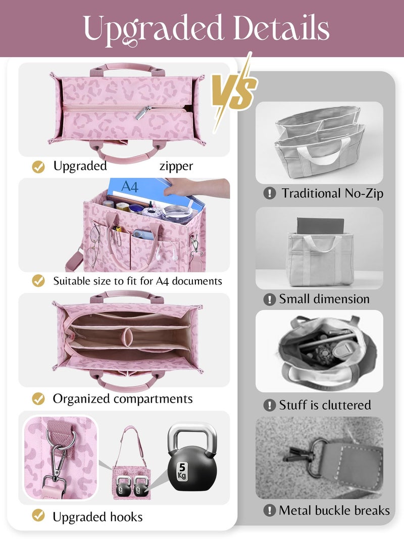 FIORETTO Canvas Tote Bag for Women with Zipper Closure & Individual Compartments for Work College for Teacher & Nurse Leopard Blush M - Image 2