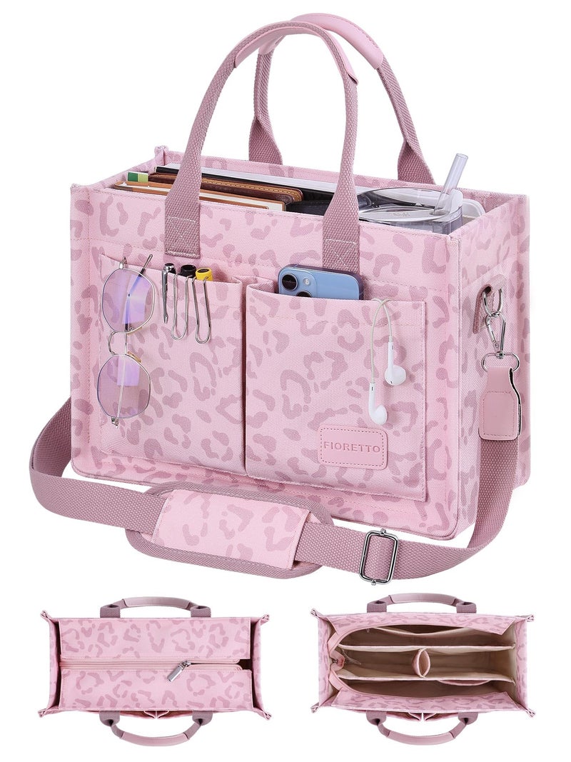 FIORETTO Canvas Tote Bag for Women with Zipper Closure & Individual Compartments for Work College for Teacher & Nurse Leopard Blush M - Image 1