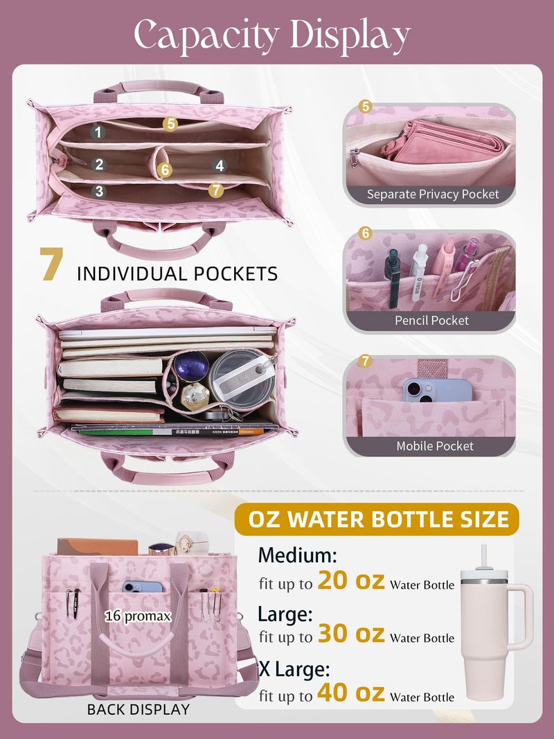 FIORETTO Canvas Tote Bag for Women with Zipper Closure & Individual Compartments for Work College for Teacher & Nurse Leopard Blush M - Image 3